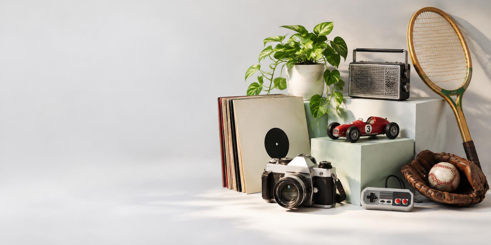 Vintage camera, records, gaming controller, toy race car, radio and sports gear